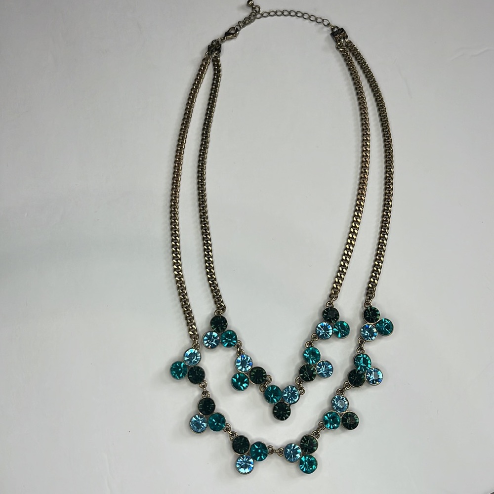 Gold Tone, Two Stand, Blue Multicolor Jeweled Statement Necklace